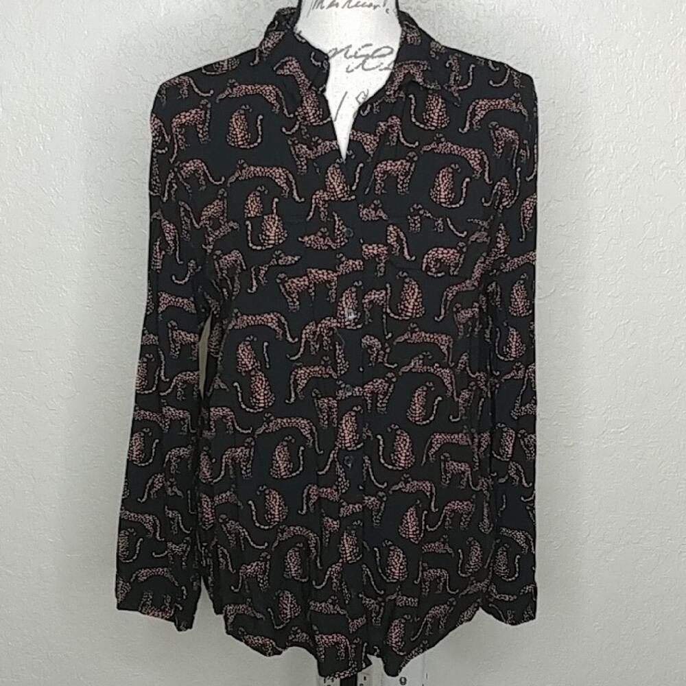Milk & Honey Wild Cat Pattern Button Front Shirt Size L